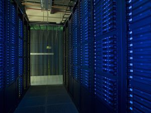 Racks of servers with glowing lights